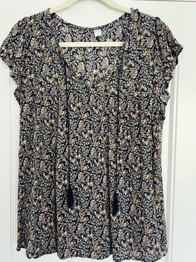 Old Navy Women's XL Navy Floral Tassel Tie V-Neck Blouse Flutter Sleeve Boho